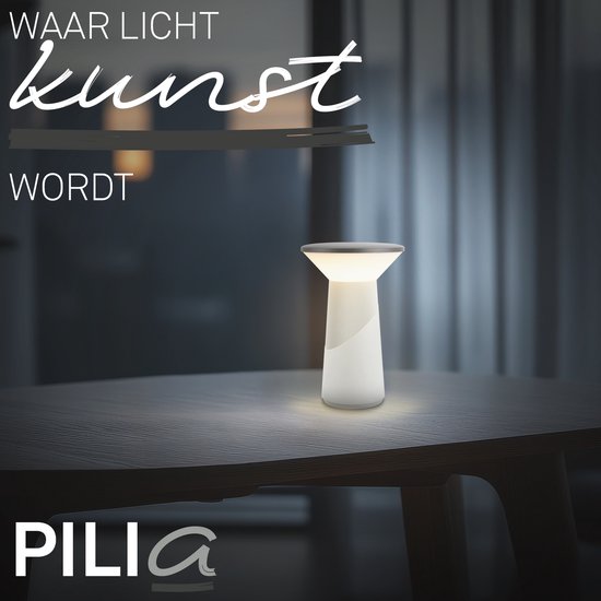 Pilia tafellamp op een houten tafel. Tekst: WAAR LICHT KUNST WORDT. PILIA logo.