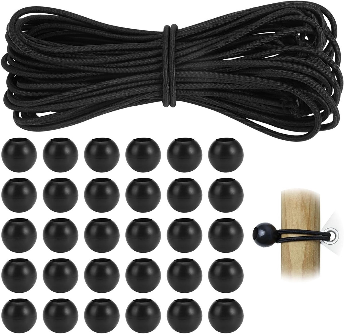 Elastische Touwen met Ballen, 4mm x 10m, Ideaal voor Zeilen, Tenten en Reclamebanners, Sterke Rubber Touwen met 30 Ballen