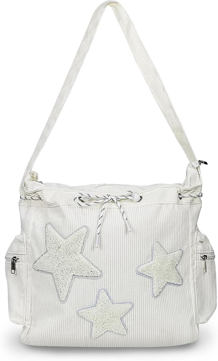 Dames Schoudertas met Pentagram Decoratie, Grote Capaciteit, 3 Ritsvakken en Koordsluiting voor Winkelen en Reizen