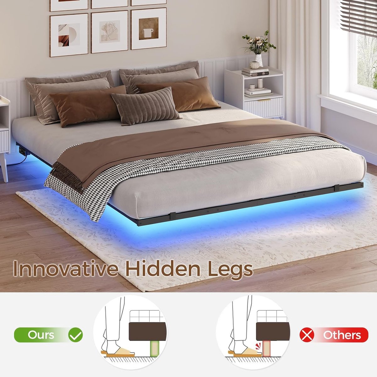 LumiAir Zwevend Bedframe 160 x 200 cm - Modern Tweepersoonsbed met LED, USB-C Oplaadstation en Robuuste Lattenbodem