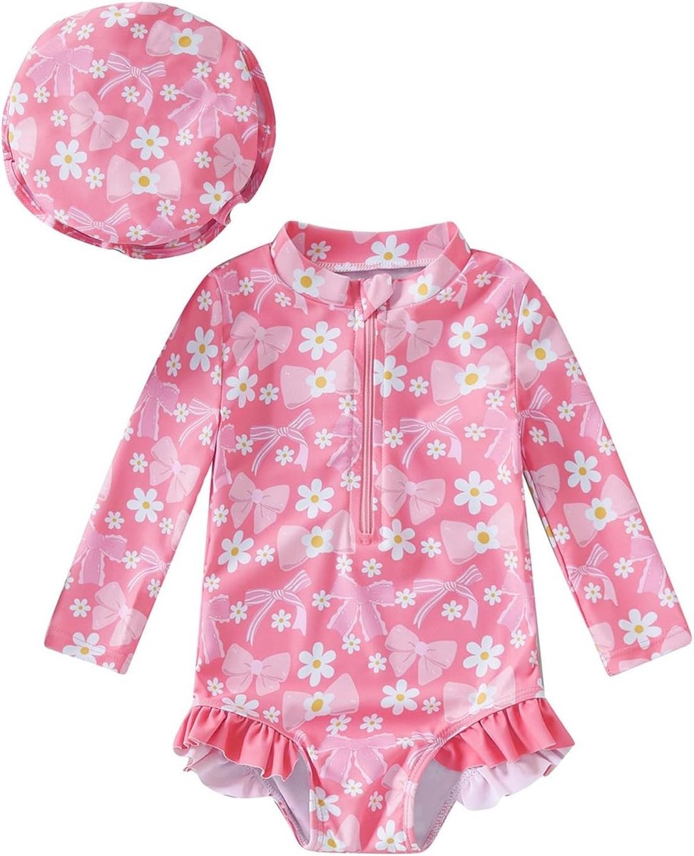 Zomerse Baby Meisjes Badpak met Lange Mouwen en Zonnehoed - UV Bescherming, Comfortabel en Stijlvol Badmode