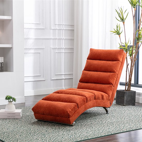 FloraGrace Chaise Longue 55 x 148 x 84 cm – Met Zachte Vibratiefunctie En Zijvak – Voor Woonkamer Of Slaapkamer – Linnen – Oranje