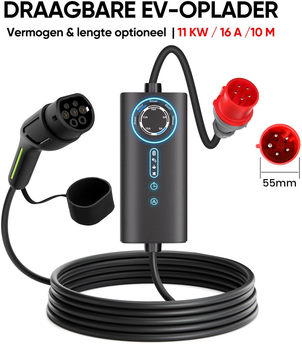 Junsun Draagbare/wandgemonteerde oplaadkabel | 11kW 16A 3-Fase EV Laadkabel - Type 2 Laadpaal , 10M Kabel & Opbergtas - 6A/8A/10A/13A/16A Schakelbaar - IEC62196-2 & IP67 - CEE-stekker met aarding