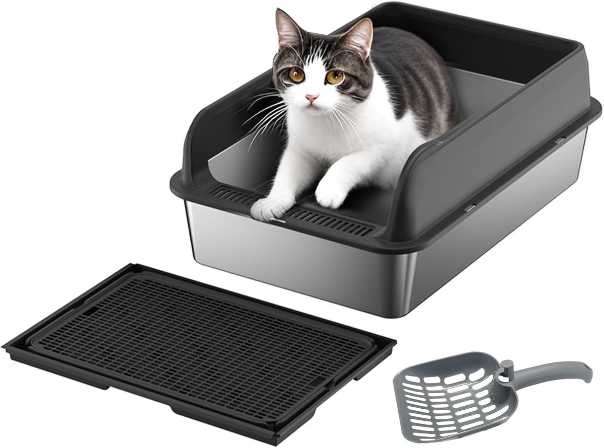 RVS Kattenbak met Hoge Rand – Open Kattenbak Inclusief Schep en Uitloopmat – Roestvrijstaal – Plakt Niet – 60x40x25 cm – zwart