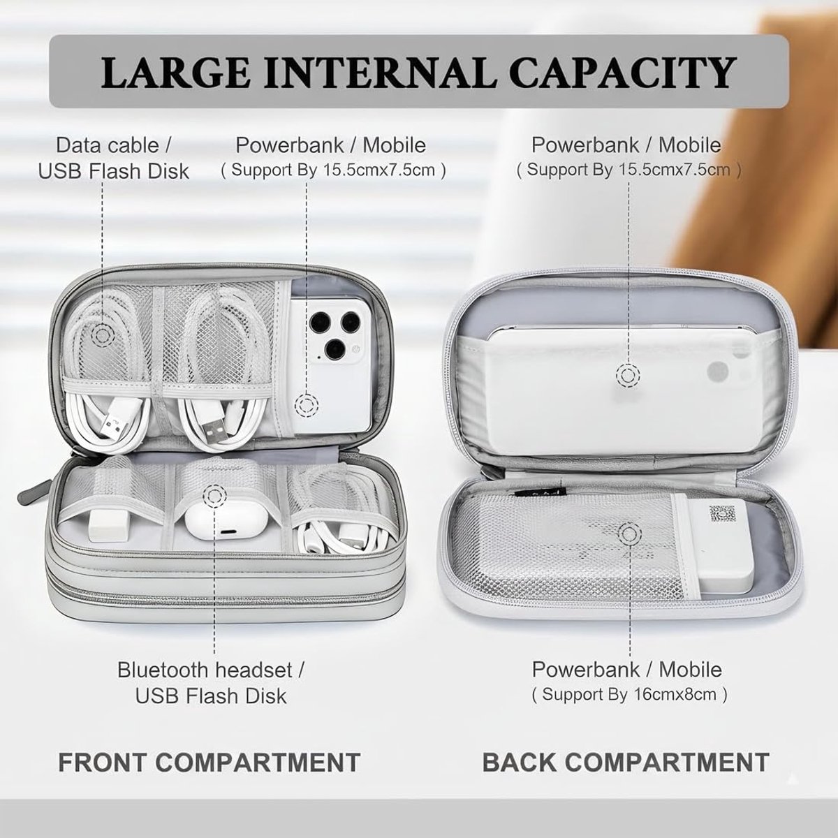Organizer voor datakabels - Oplader organizer - Organizer voor elektronica - Multifunctionele organizer - Draagbare organizer - 21x12,5x6 cm - Verdikte stof - Vakjesindeling - Geschikt voor oordopjes, powerbank, USB-harde schijf, SD-kaart - Grijs – foto 3