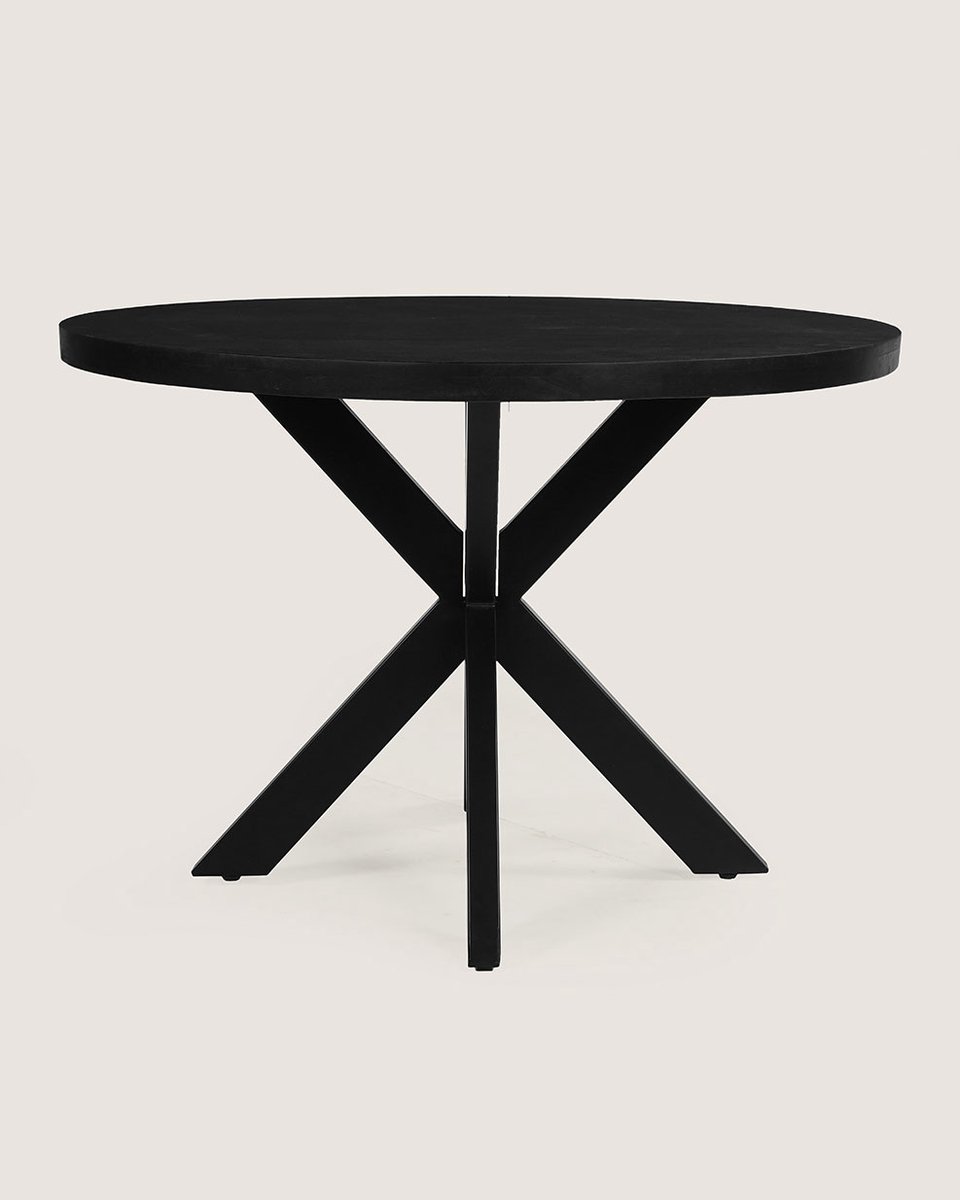 Ronde Eettafel 120 cm Mangohout – Zwart – Zwart Metalen Matrix Onderstel – Industrieel – 4-5 Personen