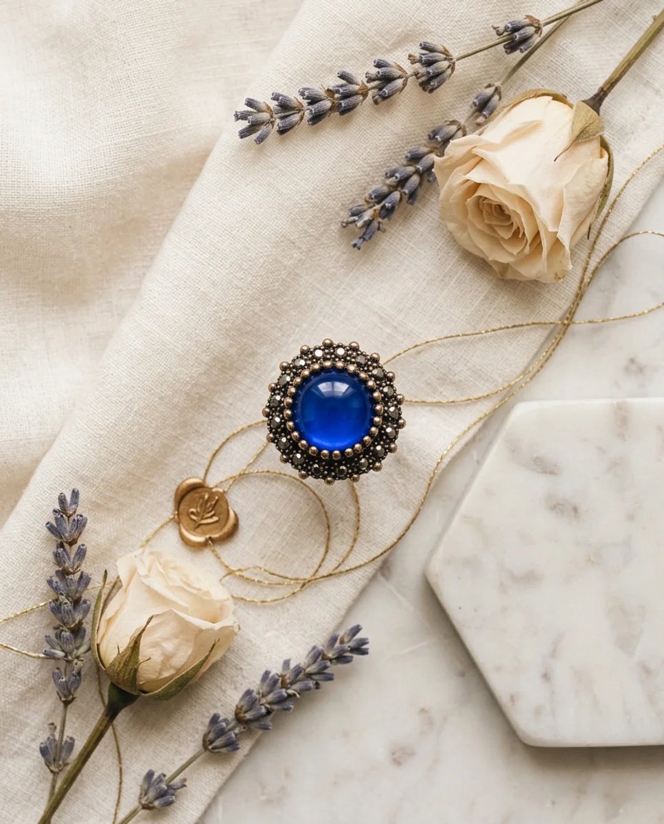 Dorvina Bronzen Sieraad Authentiek Sieraad Lacivert Kristal Steen Rond Kesim Madeliefje Model Verstelbaar Vintage Dames Ring