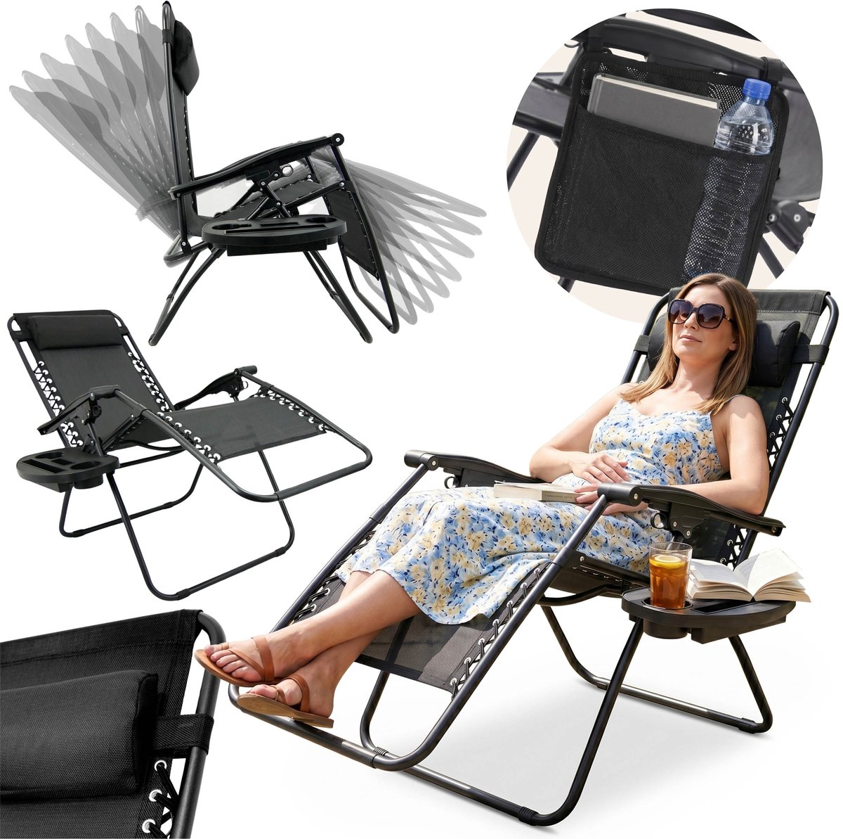 Opvouwbare tuinstoel met voetensteun en hoofdsteun, zwarte strandstoel 65x90x110 cm