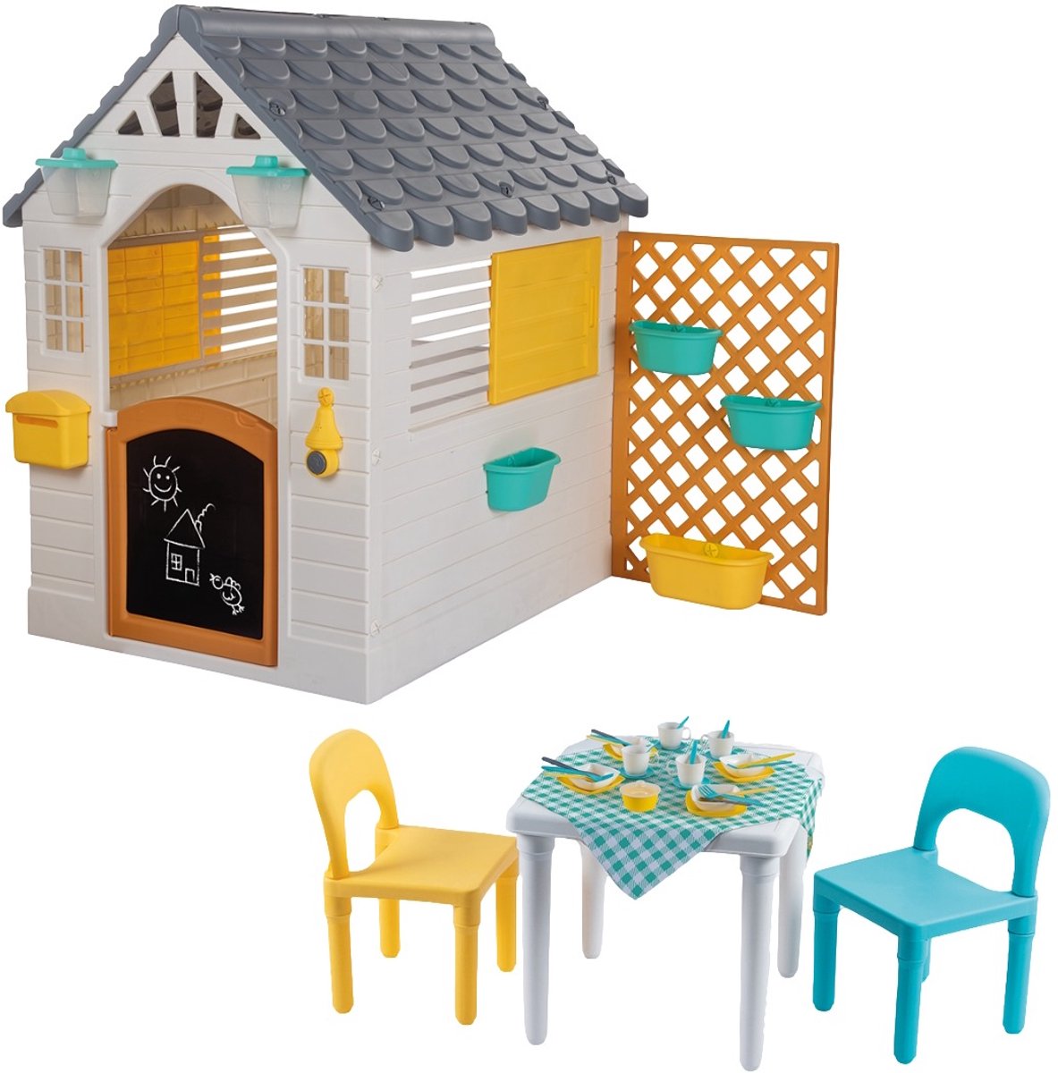 Dolu Garden Wit/Grijs Speelhuisje incl. Tafel en 2 Stoeltjes