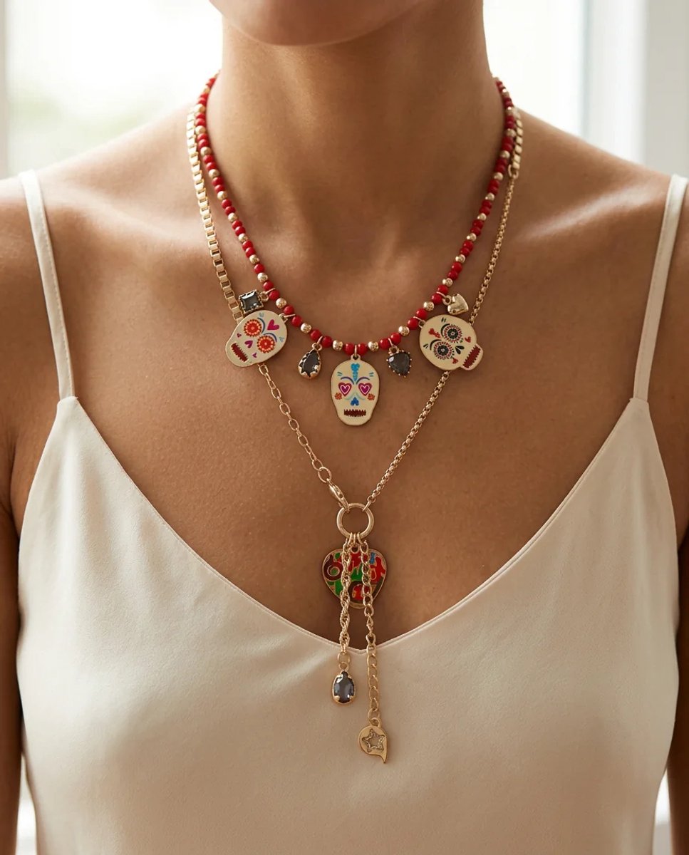Dorvina met Bedel Vintage Marka Muadil 2-delig Dames Ketting Kombini Rood Boncuk en Goud Ketting Kafatasi