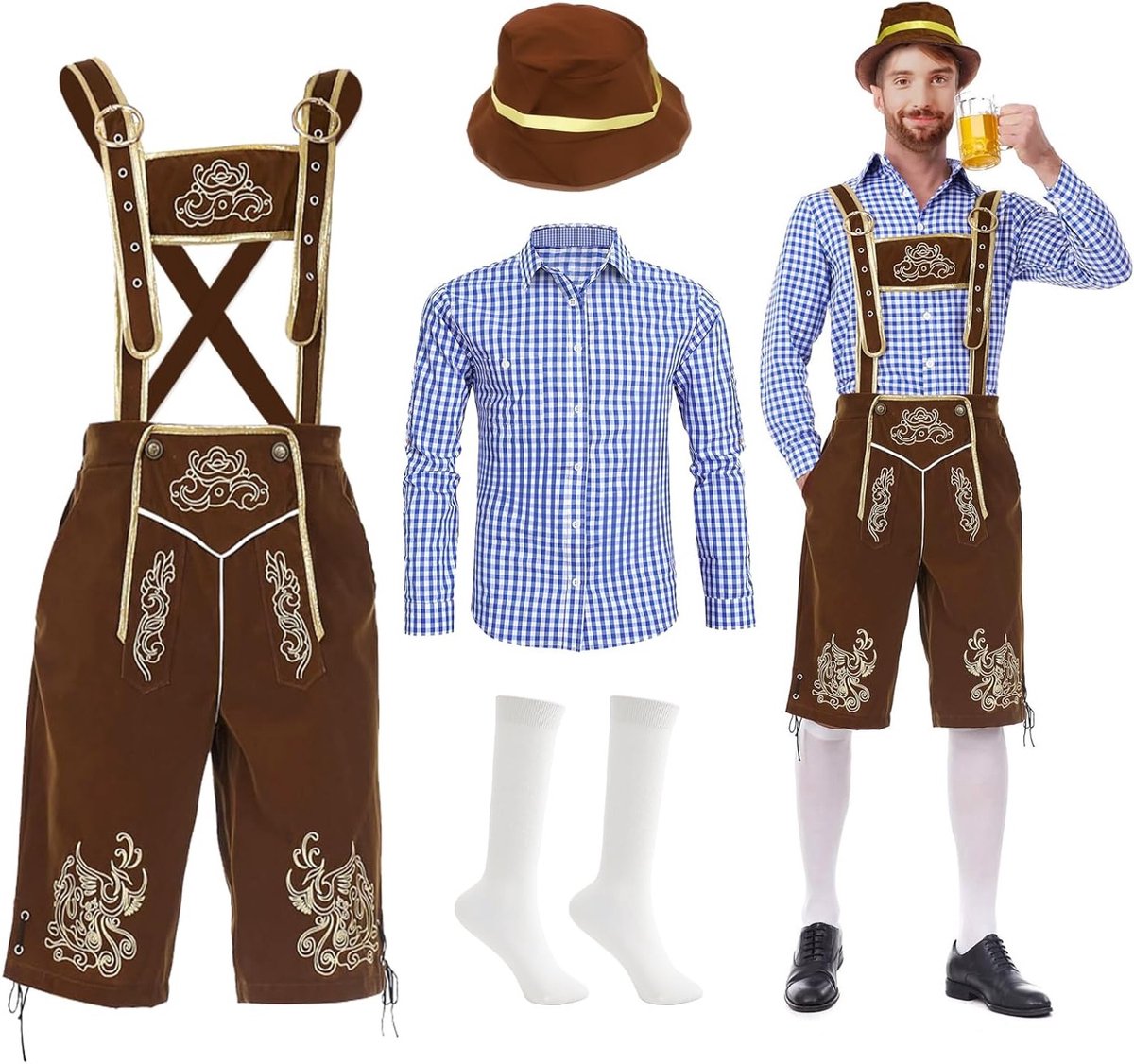 Oktoberfest Kostuum voor Mannen met Leren Broek, Shirt, Sokken en Hoed - Bavarian Outfit voor Feest en Cosplay