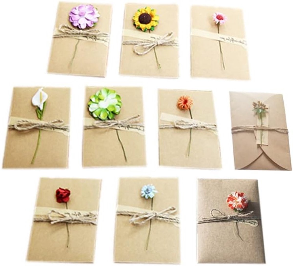 10 Stuks Gedroogde Bloemen Wenskaarten, Handgemaakte Kraft Papieren Kaarten voor Verjaardagen, Bruiloften en Uitnodigingen, 17.5 x 11 cm