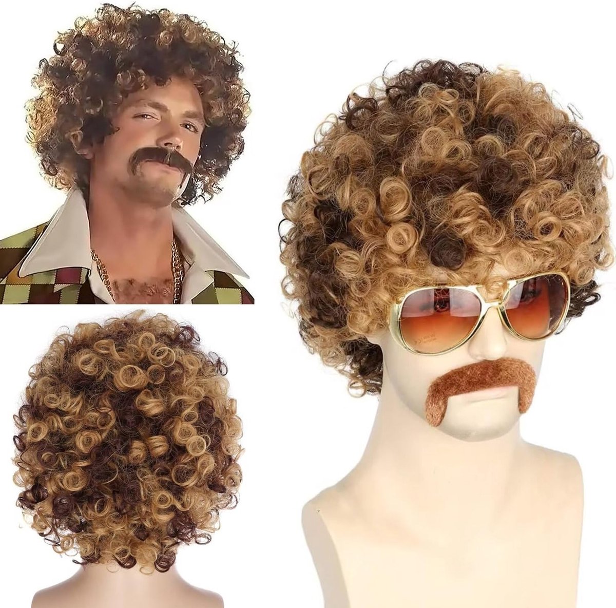 Afro Peruk met Snor - Korte Krullende Bruin Blond Mix voor 70s en 80s Disco Kostuum, Feest en Halloween