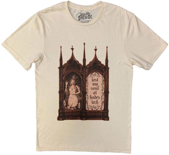 Crème T-shirt met opdruk van een vrouw en tekst 'lost my soul at hades tech'.