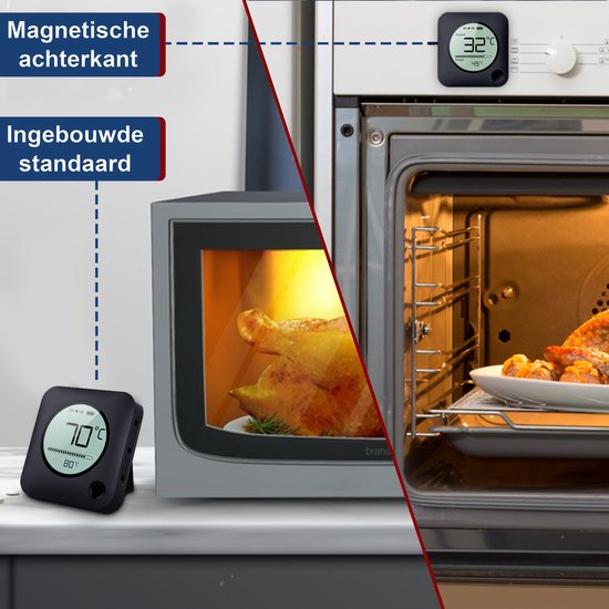 Digitale vleesthermometer met magnetische achterkant wordt gebruikt in een oven met een gebraden kip en een magnetron met een gebraden kip. Thermometer toont 32°C en 70°C.