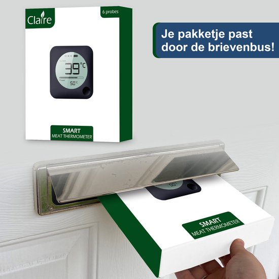 Claire smart meat thermometer verpakking past door brievenbus.