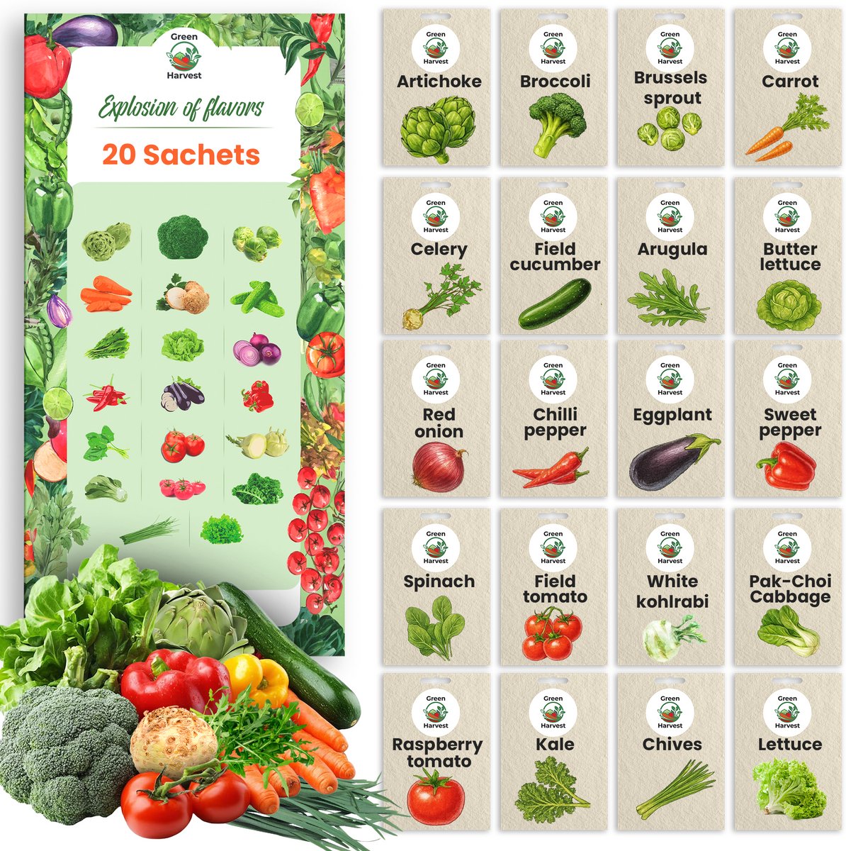 Green Harvest Groentezaden XXL Set 20 Soorten Tomaat, Chili & Meer Zaaigoed voor Tuin, Kas & Balkon Hoge Kiemkracht Moestuin Set
