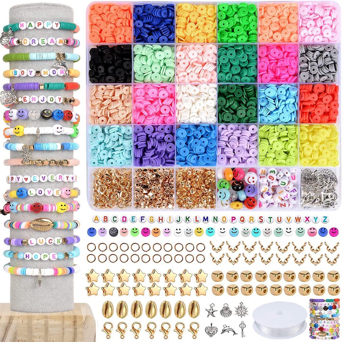 OLOEY 4000 stuks kleikralen voor het maken van sieraden-armbandenset-platte ronde polymeer Heishi kleikralen met hanger en verbindingsringen-letterkralen voor armbanden-kettingen-oorbellen-doe-het-zelf knutselprojecten - 24 kleuren