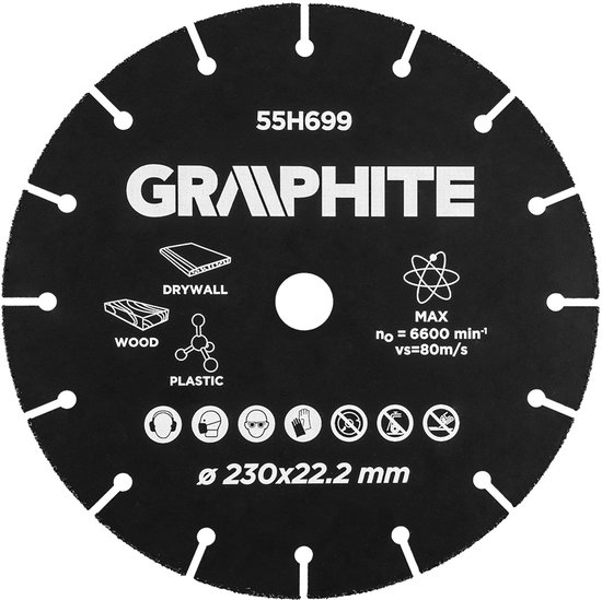 Graphite doorslijpschijf 230x22.2 mm, zwart, met "WOOD", "DRYWALL", "PLASTIC" pictogrammen, max 6600 min-1.