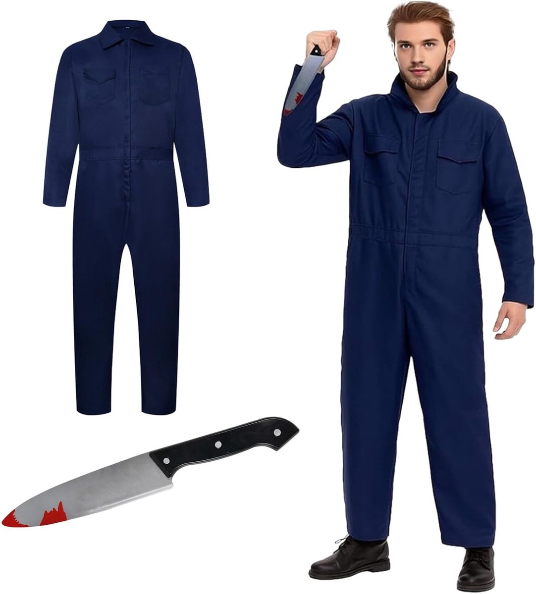 Volwassen Halloween Kostuum met Jumpsuit en Nepmes voor Michael Myers, Perfect voor Horror Cosplay en Halloween Feestjes