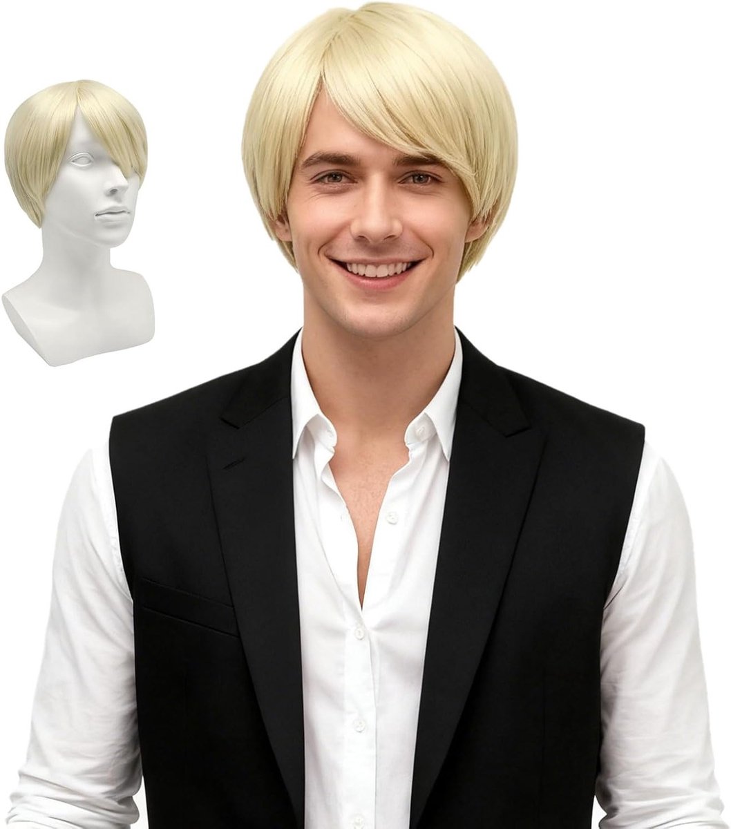 Korte Blonde Perücke voor Mannen met Zijscheiding en Pony - Ideaal voor Halloween, Cosplay en Feestkleding