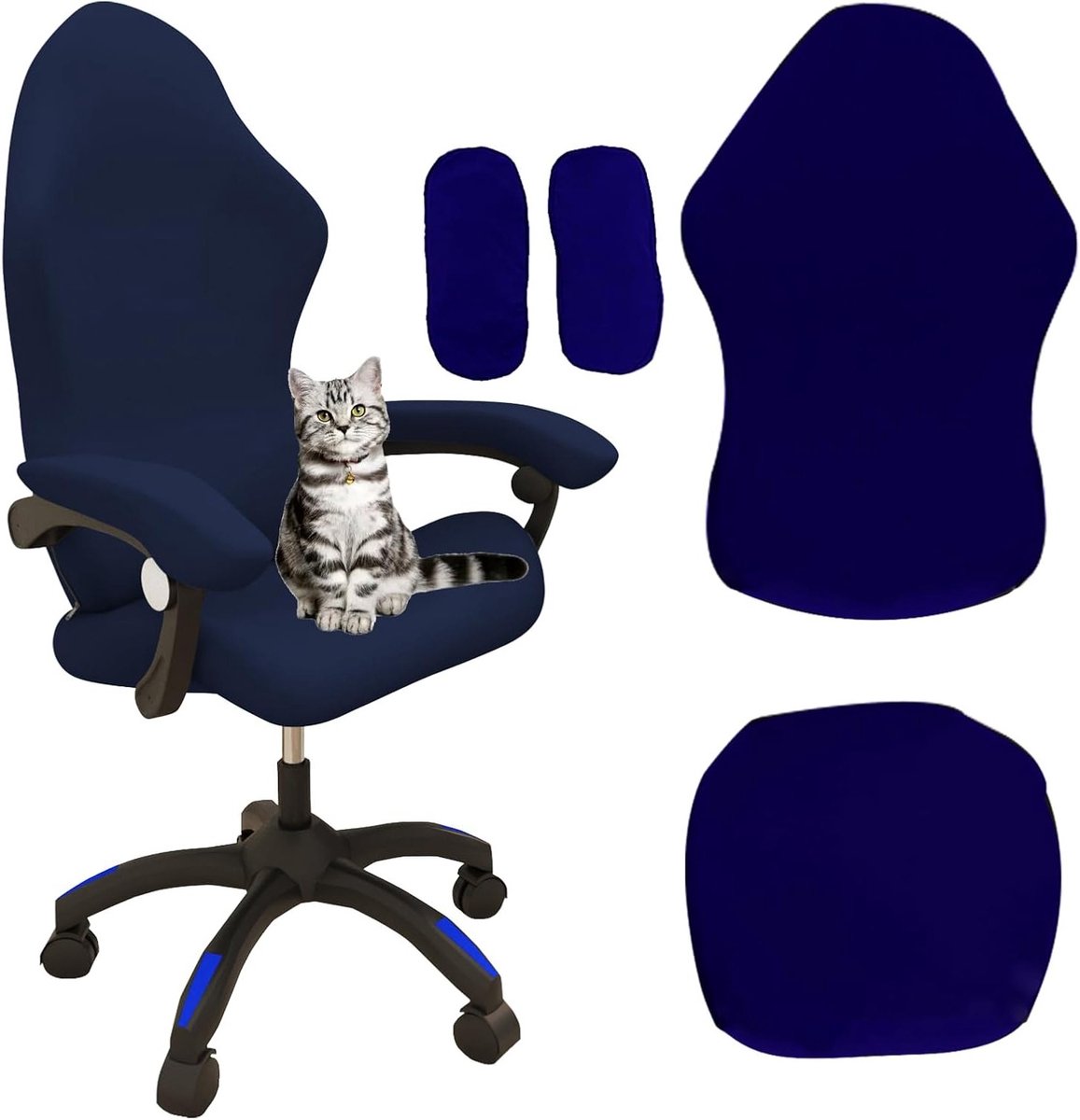 Verstelbare Gaming Stoel Bekleding - 4-delige Set voor Computerstoelen, Wasbaar en Antislip, Ideaal voor Gaming en Kantoorgebruik (Donkerblauw)