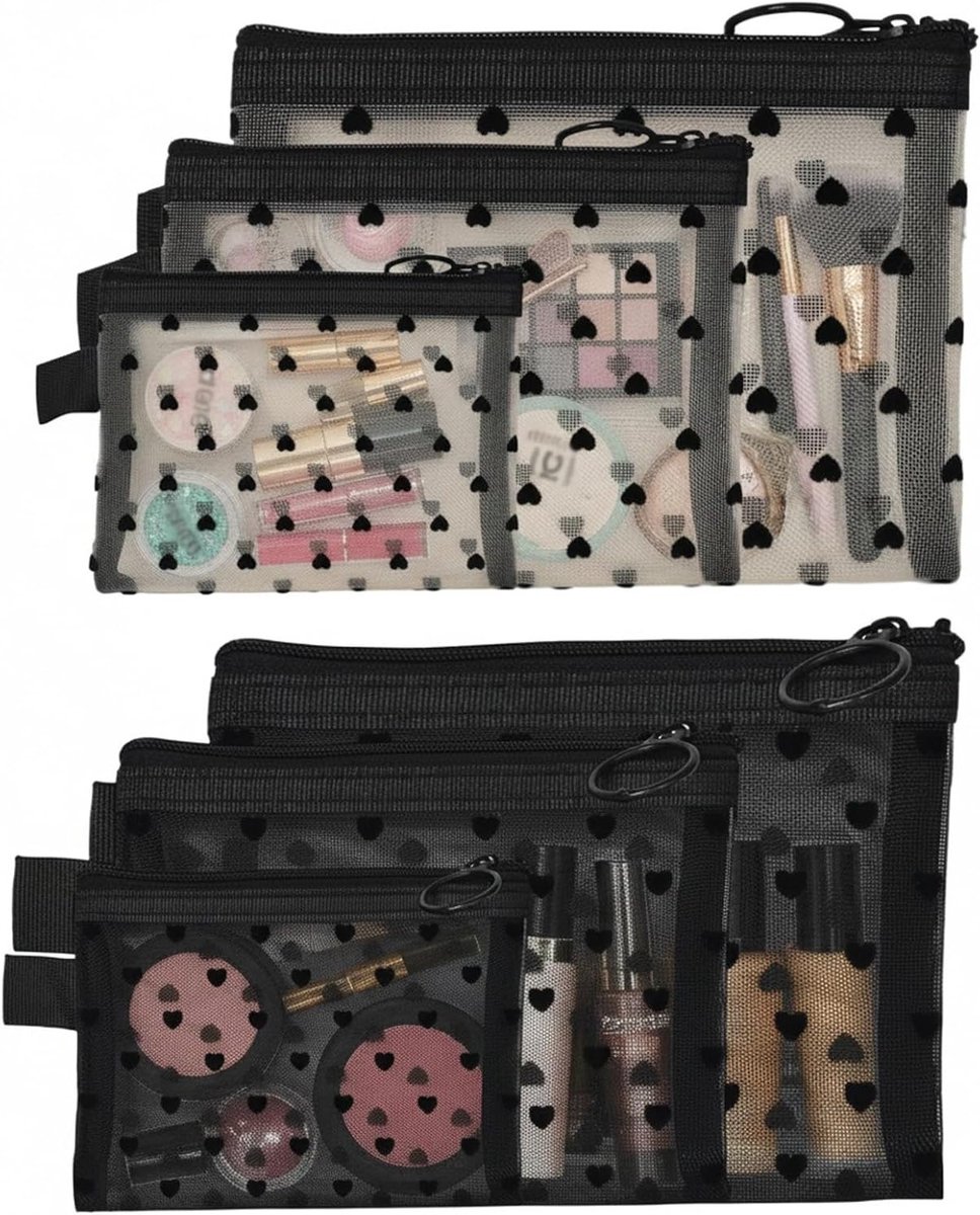 Cosmetische Tas Set met Hartjesprint - 6 Delen Make-up Tassen voor Lipstick, Oordopjes en Accessoires