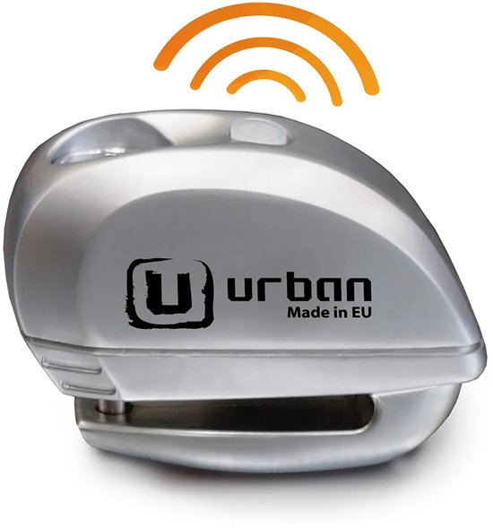 Zilverkleurig schijfslot met 'Urban Made in EU' logo. Minimalistisch ontwerp met oranje signaal golven erboven.