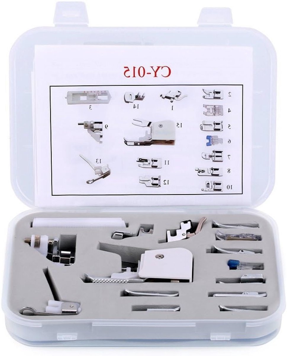15-delige naaimachinevoetenset, professionele snap-on lage been naaiaccessoires