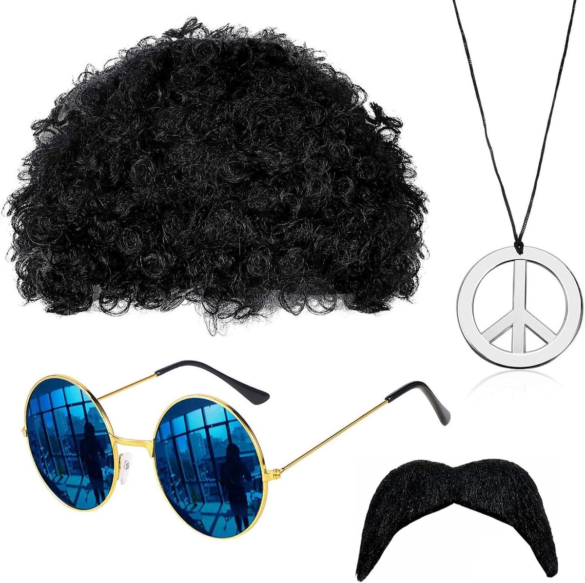 Funky Hippie Kostuum Set met Afro Peruk, Zonnebril, Snor en Vredesteken Ketting voor 70s Themafeesten, Perfect voor Mannen en Vrouwen, Retro Disco Outfit, Feestaccessoires
