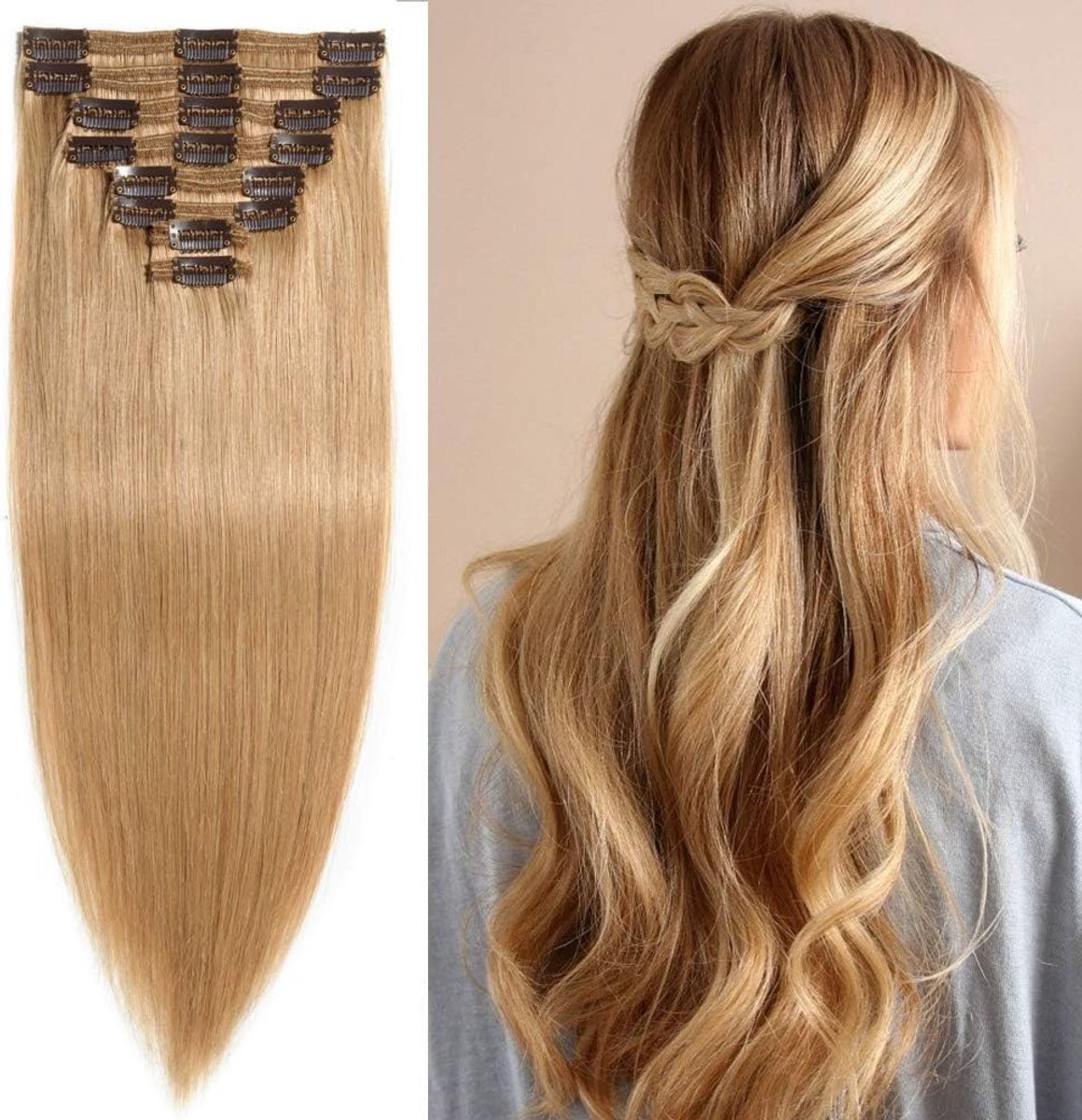 Clip in Extensions Echthaar Doppelt Tressen Haarverlängerung 8 Teilig 100% Remy Hair Honingblond 14" (35cm) - 120g voor Volumineus en Natuurlijk Haar