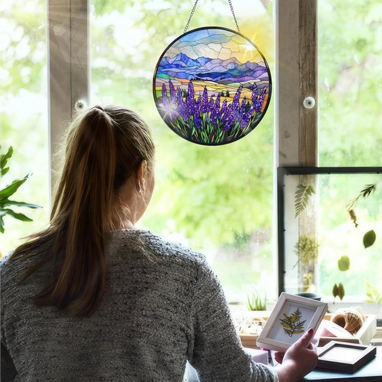Handgemaakte Lavendel Glas-in-lood Raamdecoratie voor Tuin en Binnenruimtes - Perfect voor Feestdagen, Kerst en Raamlandschappen, 20 x 20 cm van Merkloos — afbeelding 3