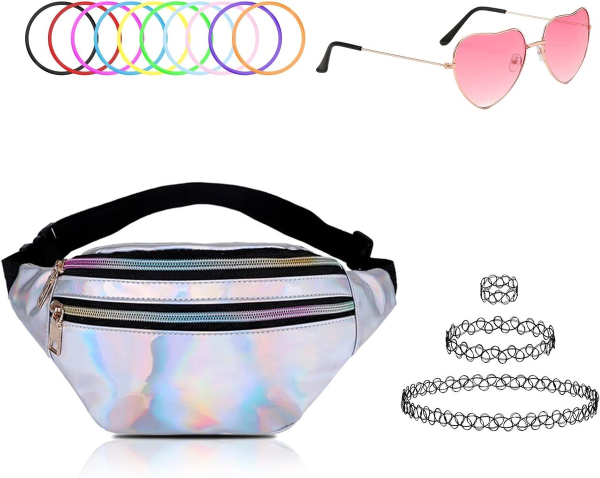 80s Carnavalskostuum voor Dames met Neon Accessoires, Bumbags, Hartbril en Tattoo Kettingen voor Feestjes