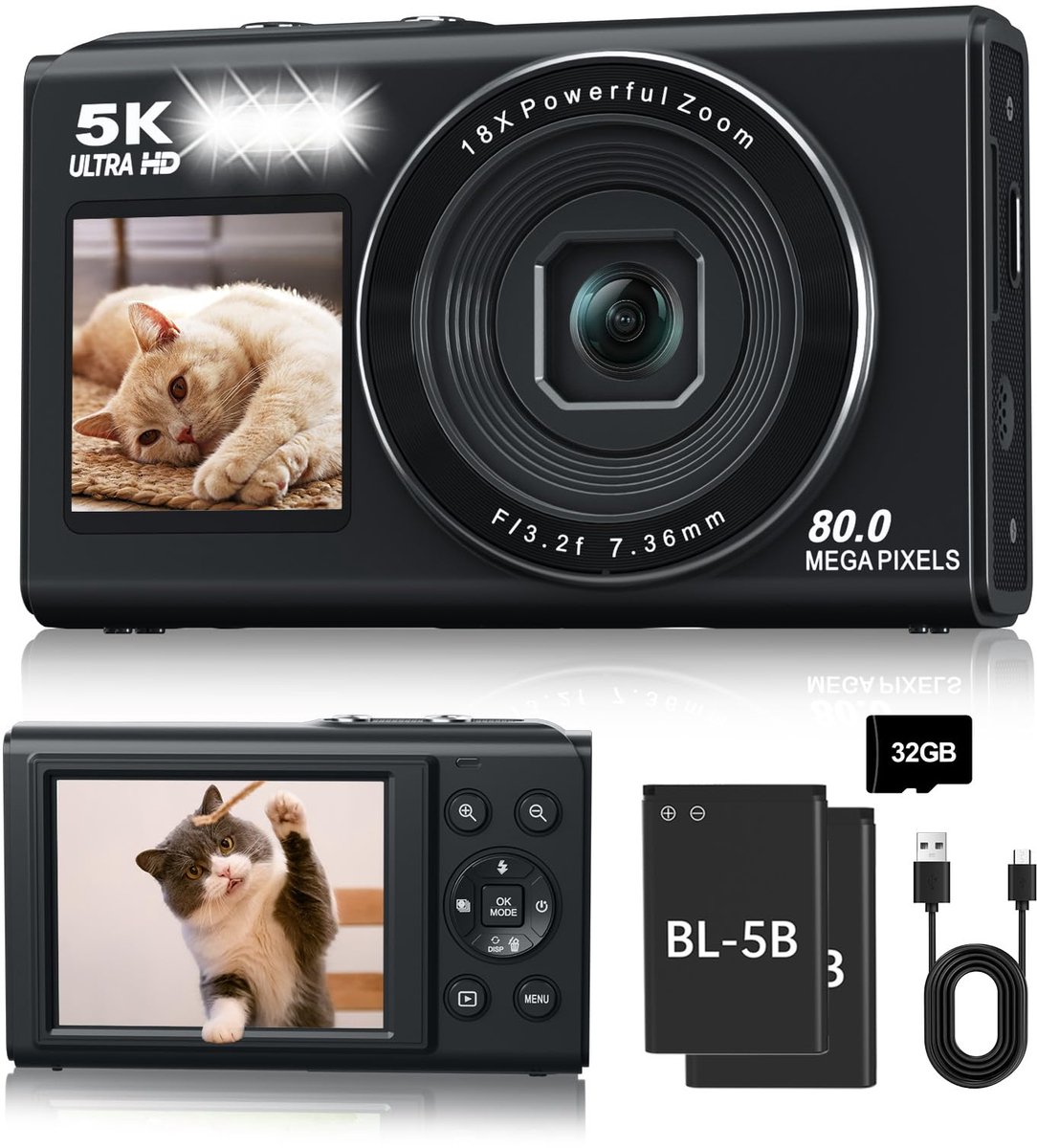 carmdering - Camera - Fotocamera - Compactcamera - Digitale camera - 5K 80MP, dubbel scherm, 8 modi, 21 filters, 18x zoom - Incl. 2 batterijen, 32GB kaart, tas - Perfect voor beginners en tieners - Zwart