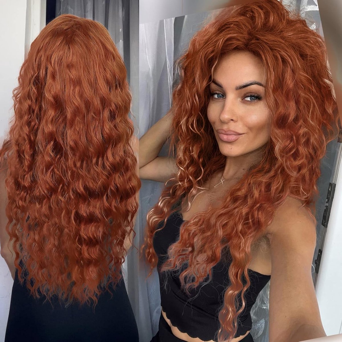 Lang Krullend Synthetisch Haar - Merida Kostuum met Luchtige Golven, Natuurlijke Haarlijn en Koper Tinten voor Feestjes en Cosplay