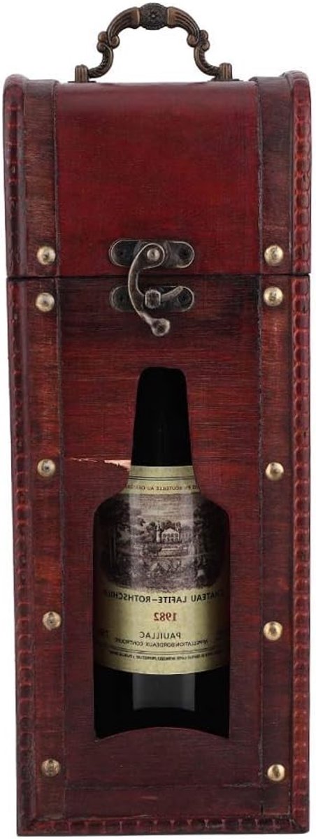 Houten wijn cadeauverpakking met handvat voor wijn en champagneflessen, vintage design, 13 x 12 x 34 cm