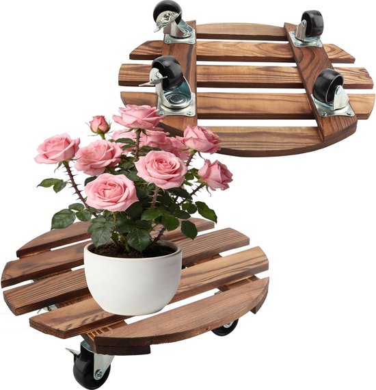 Set van 2 houten plantenhouders met wielen, ronde plantroller met vergrendelbare metalen zwenkwielen, stevige plantenstandaard voor binnen en buitengebruik, ideaal voor het verplaatsen van potplanten en decoratie.