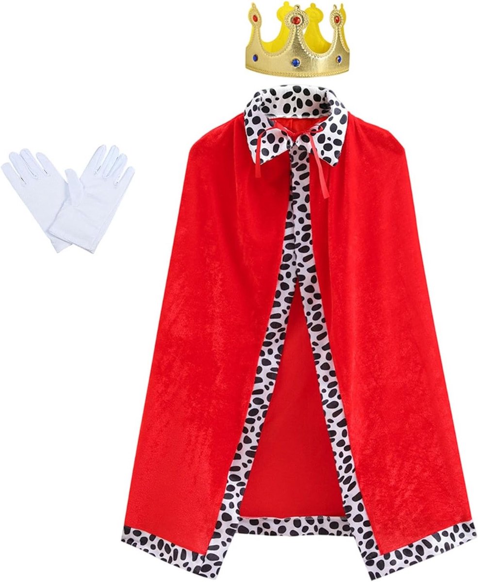 Kostuum voor Volwassenen: Rode Koningin Cape met Koeienpatroon 120 cm + Gouden Kroon + Witte Handschoenen voor Halloween en Carnaval