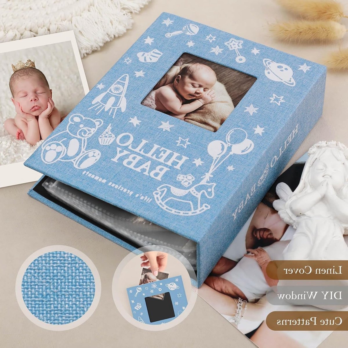 Baby Fotoalbum 100 Bladzijden, Linnen Herinneringsboek voor Kinderen, Mini Album met Venster, Perfect Cadeau voor Pasgeborenen, Jongens en Meisjes, Blauw