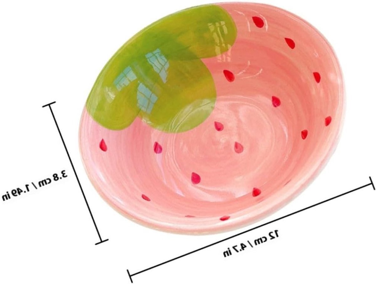 Set van 1 cartoon keramische kom met zwart bestek, groentekom, soepkom en aardbeien ovenschaal voor kinderen met roze lepel en moeders