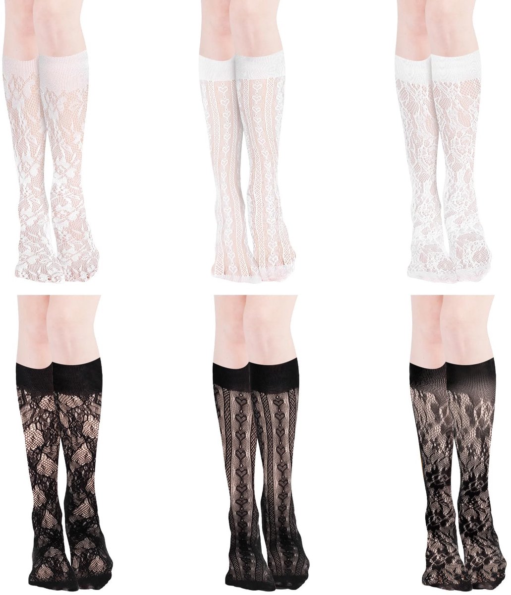 Dailygoods - Dailygoody - Kanten Kousen - Sexy Kniekousen - Dunne Transparante Sokken - Zwart en Wit - Halloween Kousen - Geschikt voor Dames - Elegante Voetmode