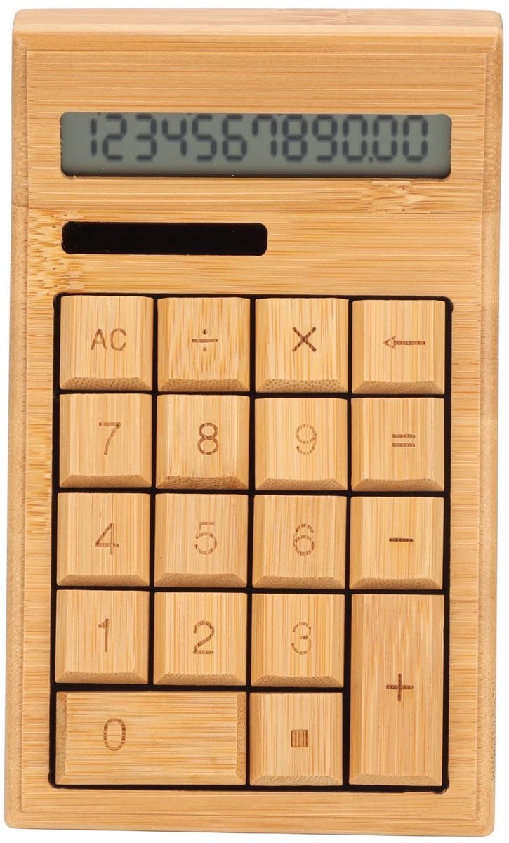 Dailygoods - Dailygoody - Natuurlijke Bamboe Rekenmachine - Houten Rekenmachine - Grote Knoppen - 12 Cijfers - Dual Power - Geschikt voor Thuis en School - Ba