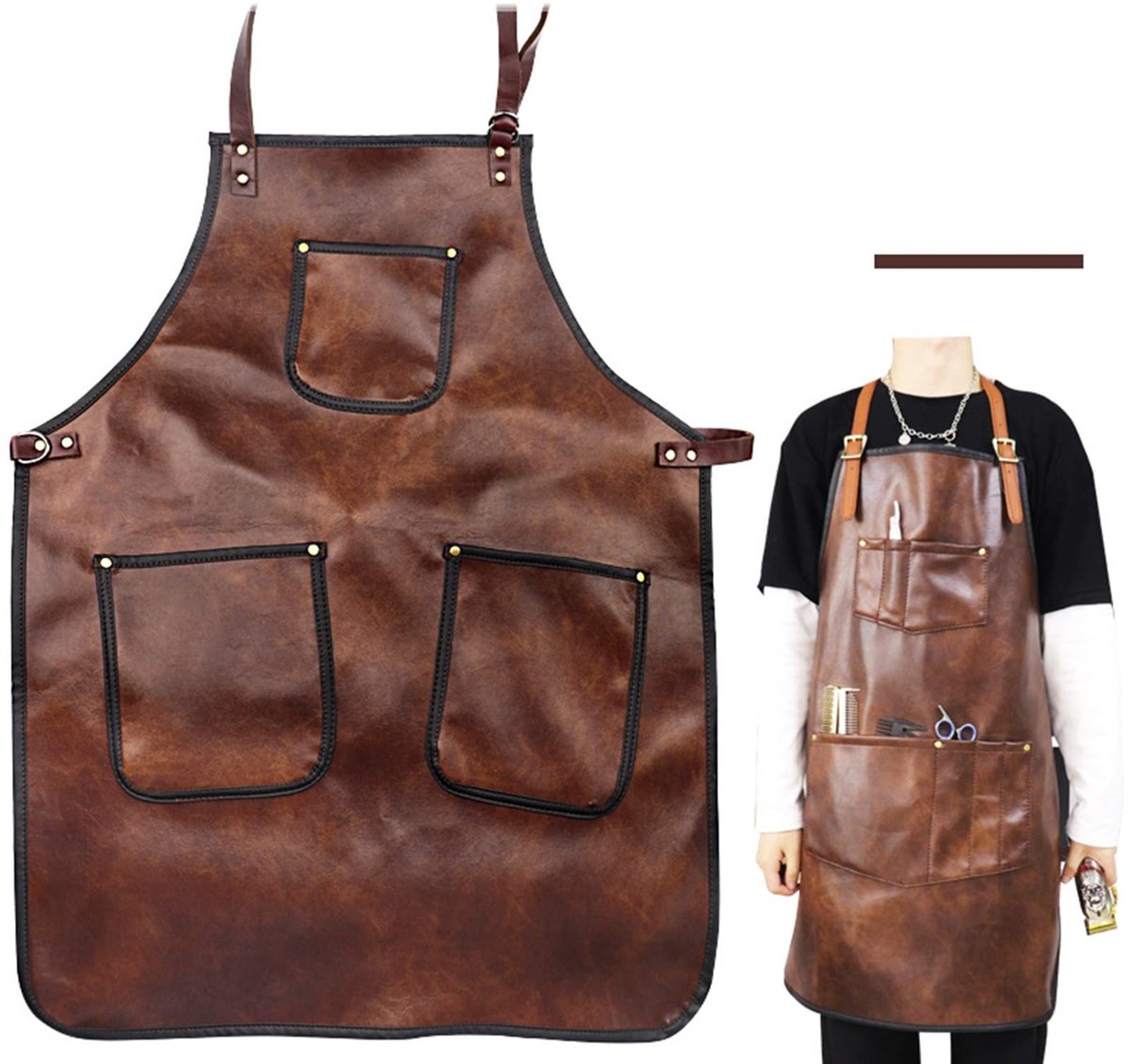 Dailygoods - Dailygoody - Kappersschort - PU-lederen Schort - Superlicht - Bruin - Professioneel Kappersschort - Geschikt voor Schoonheidsspecialisten - Unisex