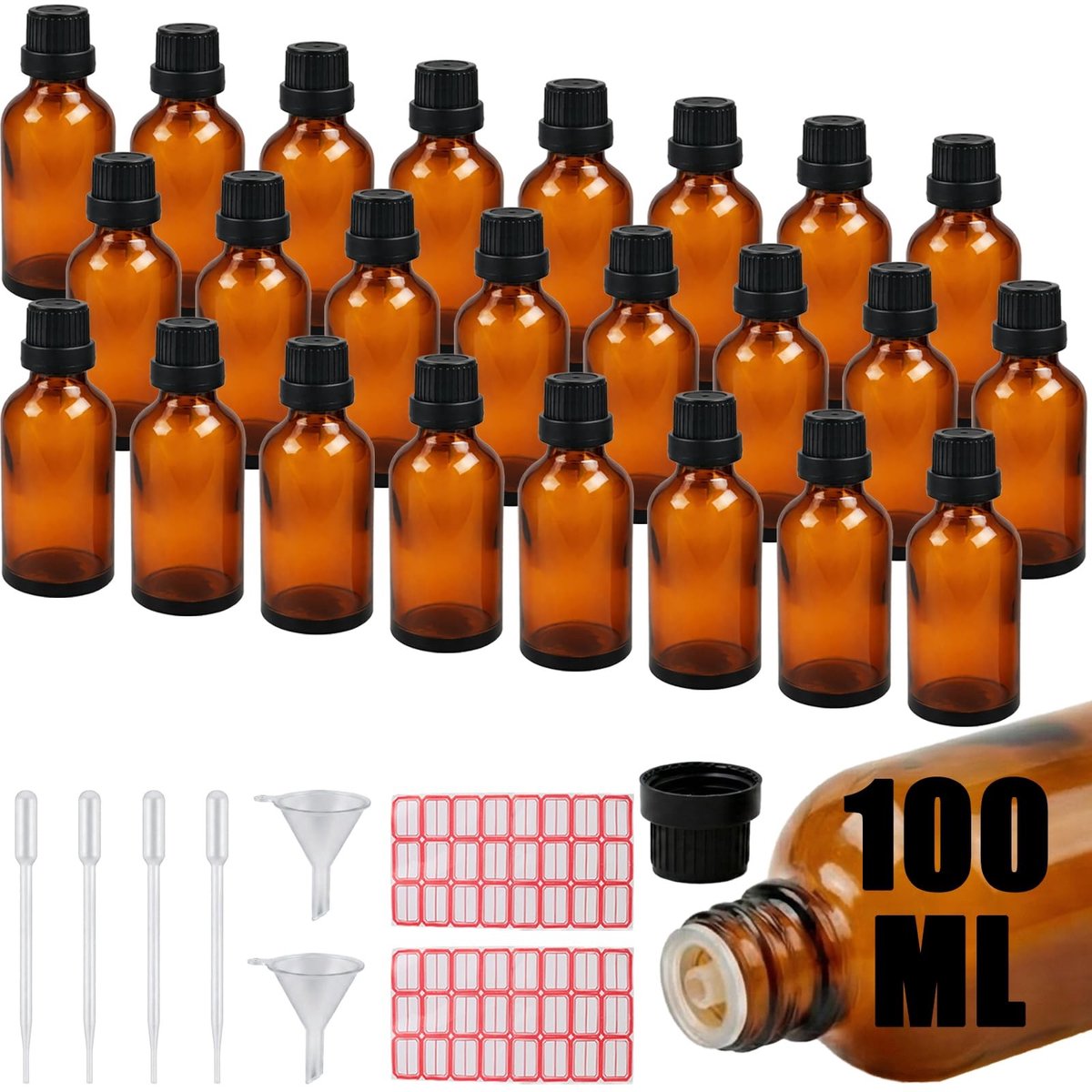 Dailygoods - Dailygoody - Bruine Glazen Flessen - Druppelfles 100 ml - Set van 24 - Perfect voor Etherische Oliën - Inclusief Pipetten en Etiketten