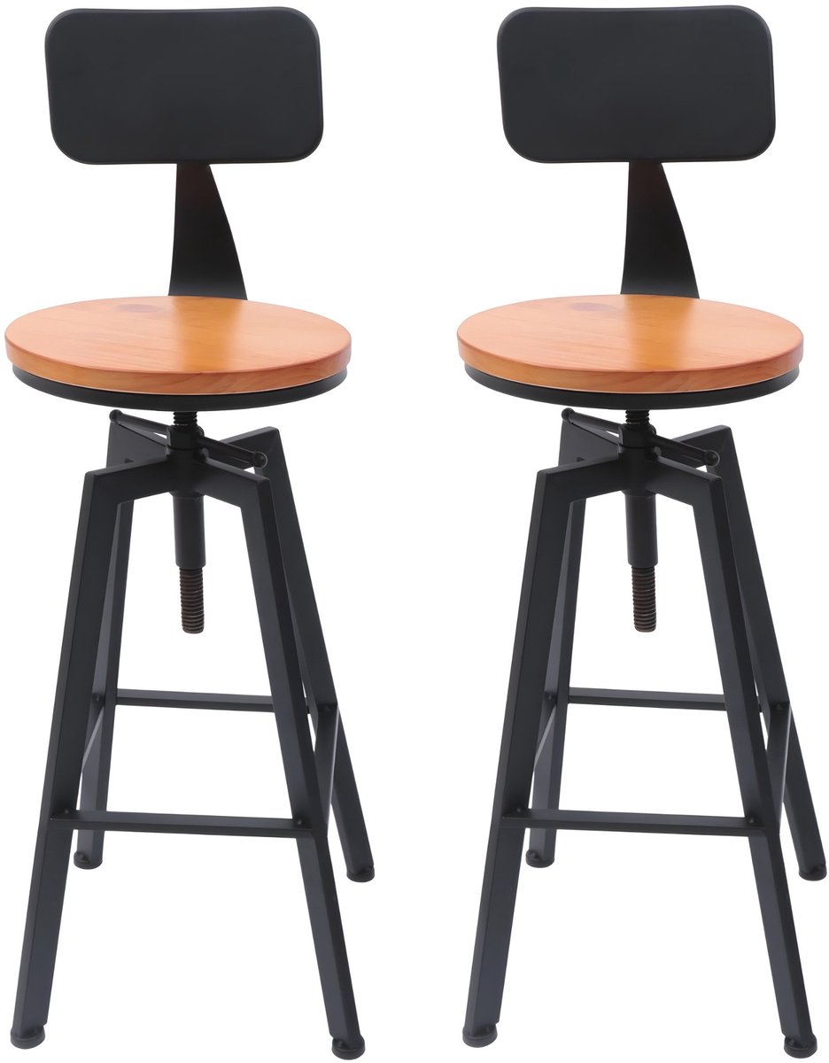 Happiq Barkrukken Set van 2 – Verstelbare Hoogte & 360° Draaibaar – Industrieel Vintage Design – Houten Zitting & Rugleuning – Zwart Black