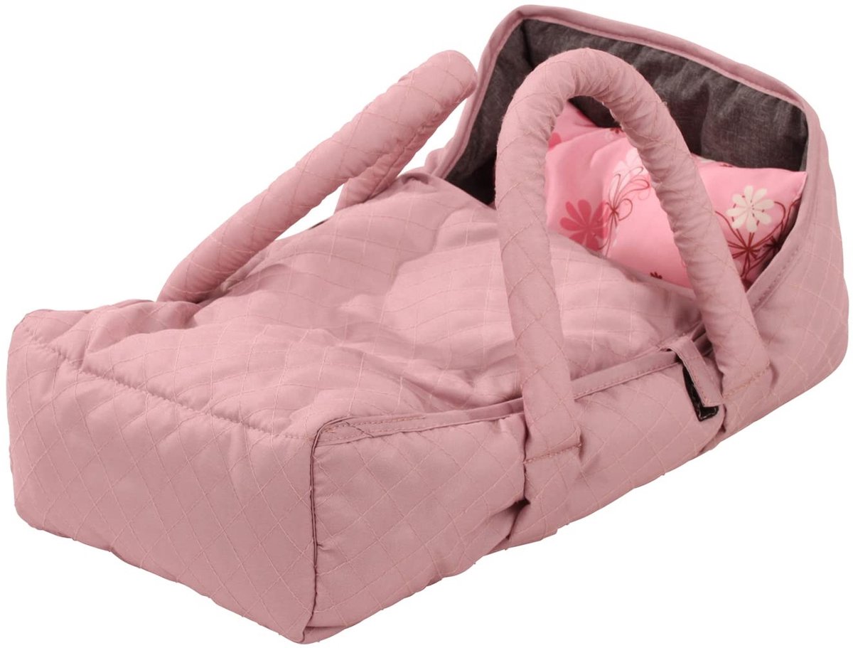 Dailygoods - Dailygoody - Poppendraagbed - Draagmogelijkheid voor babypoppen - Elegant roze-grijs - Comfortabel kussen - Veilig en praktisch - Geschikt voor 27 tot