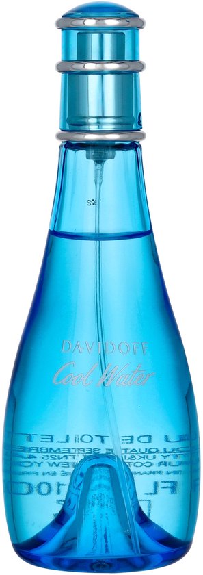 Doorzichtige blauwe glazen fles Davidoff Cool Water Woman Eau de Toilette met zilveren dop.
