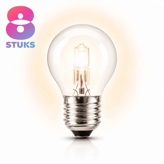 8x kogel halogeenlamp met E27 fitting, 28W, warm wit licht, gloed.