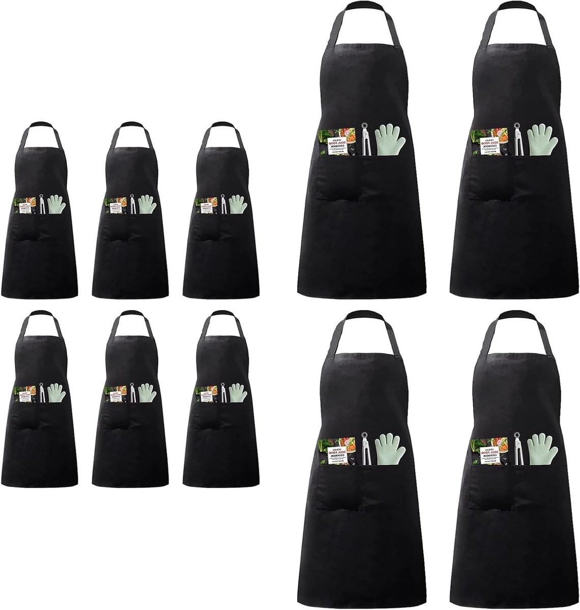 10 Keukenschorten met 2 Zakken, 70 x 60 cm, Zwart, Uniseks voor Koken, BBQ en Huishoudelijk Werk