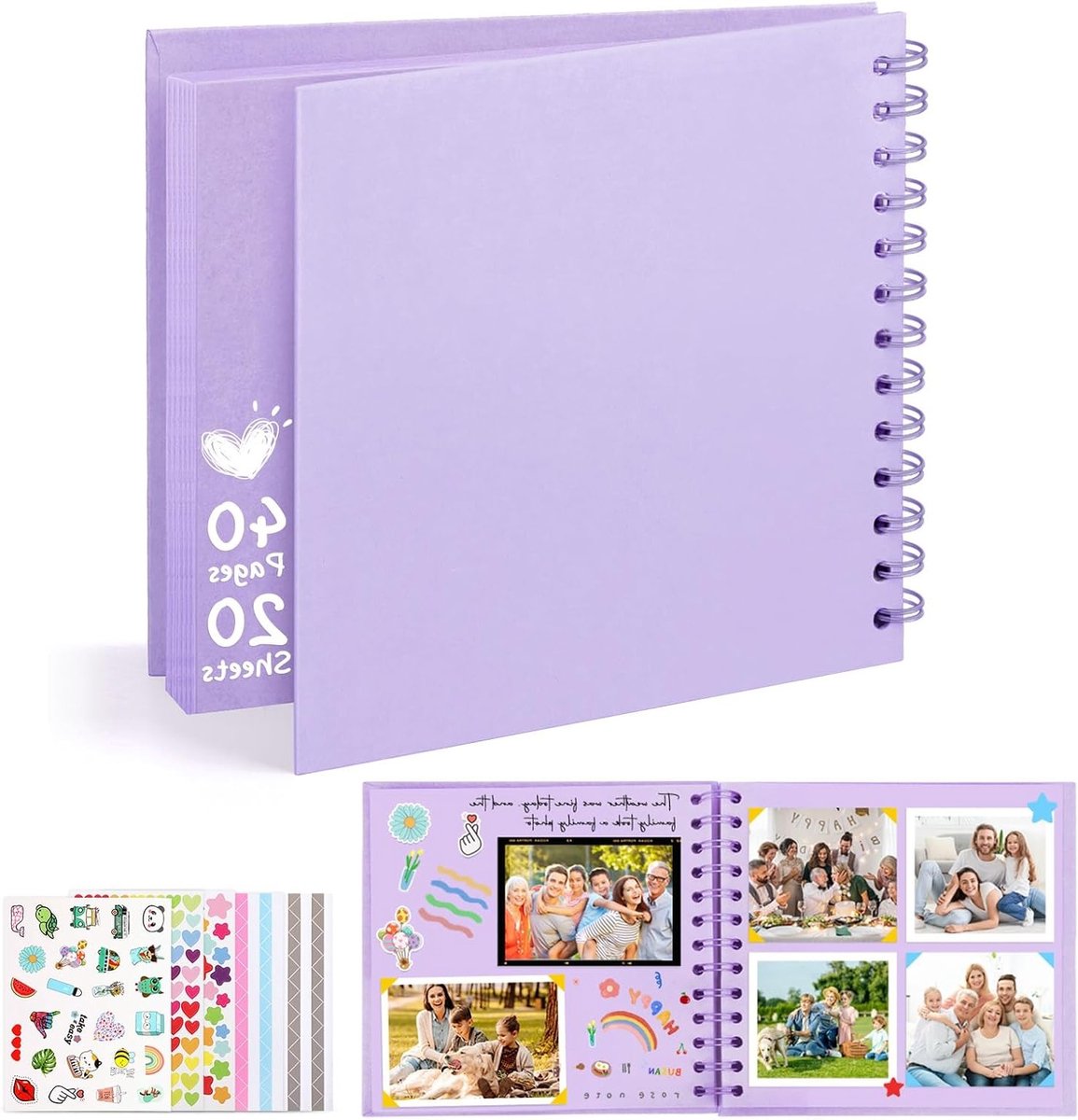 Persoonlijk Fotoalbum 6 Inch, DIY Herinneringen Boek, Vierkante Hardcover Scrapbook voor Trouwen, Baby's en Jubilea, Perfecte Cadeau voor Hem/haar, Paars, 20 Bladen